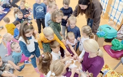 Dzieci wraz Panią głaskają kotka, którego trzyma Pani weterynarz. 