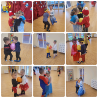 Kolaż z 9 zdjęć. Na każdym zdjęciu widać parę dzieci, która tańczy ze sobą z balonem. 
