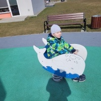 Chłopczyk w szarej czapce siedzi i się buja w zabawce w kształcie wieloryba. 