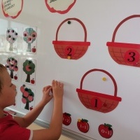 Chłopiec rozwiązuje zadanie matematyczne o jabłkach. W tle tablica. 