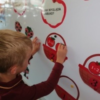 Chłopiec rozwiązuje zadanie matematyczne o jabłkach. W tle tablica. 