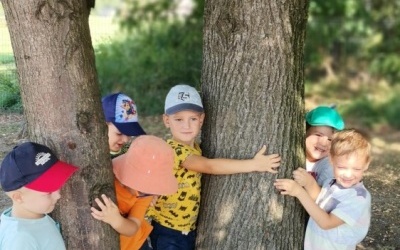 Dzieci tulące się do drzew na placu przedszkolnym.