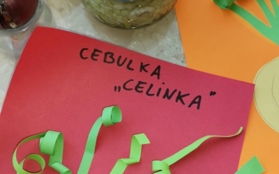 Praca plastyczna w wykonaniu dzieci z grupy Elfiki - Cebula Celinka, na zdjęciu widoczny syrop z cebuli.