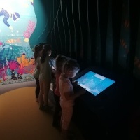 Dziewczynki graja w grę edukacyjną . W tle kolorowa ściana.